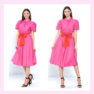 A. Calin HOT pink Puff Sleeve Textured A-Line Midi Dress sz S